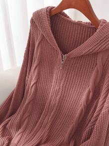 SHEIN Essnce Plus Size Loose Open Cardigan With Twist Flower Design, Drop Shoulder And Hooded, Long Sleeves, For Winter - Redwood - View 4