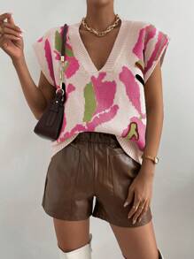 SHEIN LUNE Women's Colorful Random Printed V-Neck Sweater Vest - Multicolor - View 1