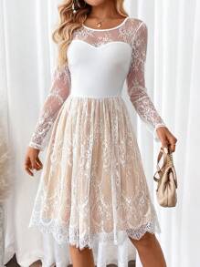 SHEIN Clasi 女士蕾丝网纱透视及膝连衣裙 白色女士连衣裙