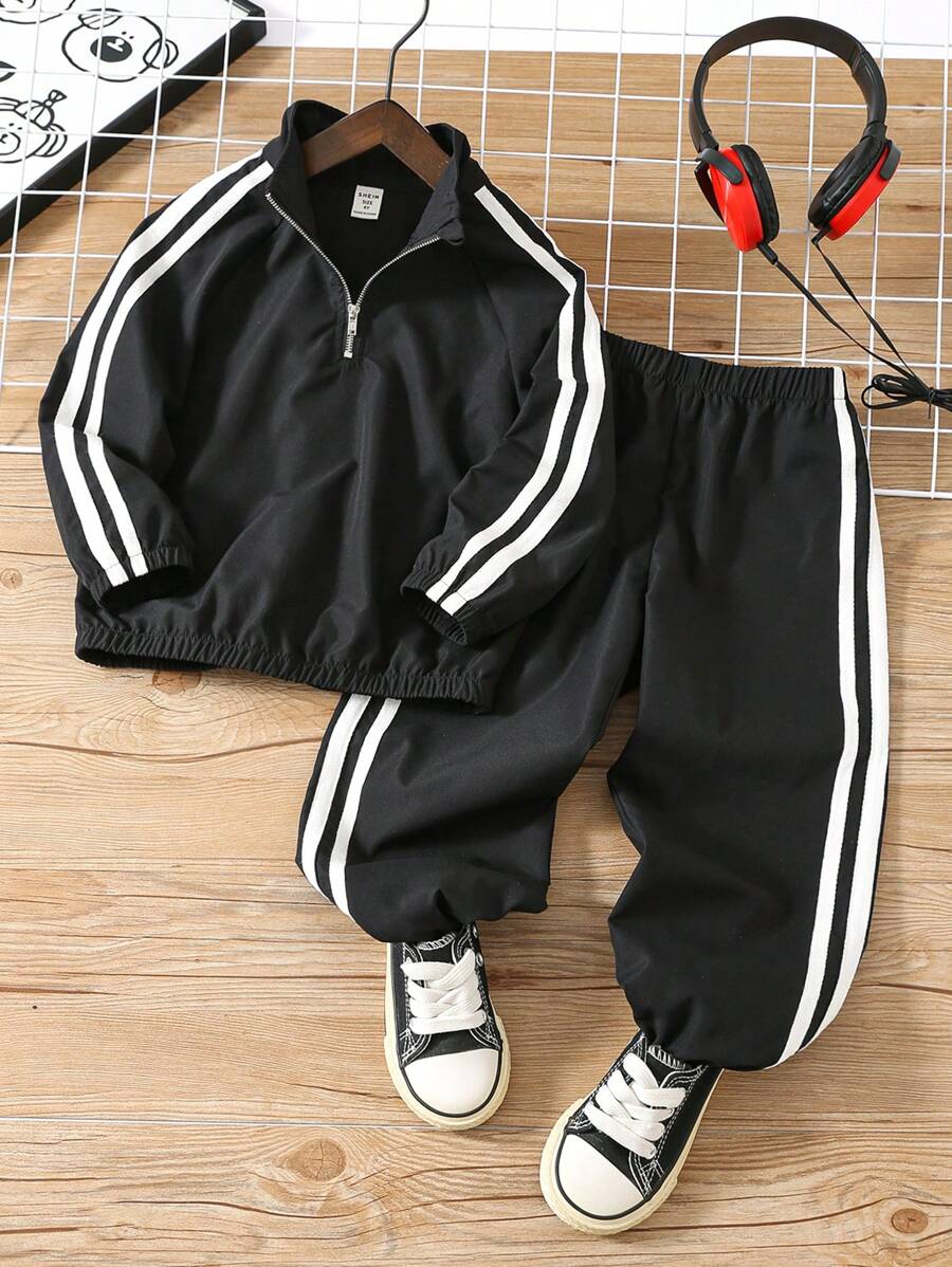 2pcs Tween Boys' Casual Sports Raglan Sleeve Jacket With Collar & Drawstring Waist Pants Set - Black - View 1