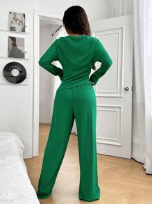 SHEIN EZwear 女款針織修身長袖T恤和長褲套裝，綠色 - 綠色 - 查看 2