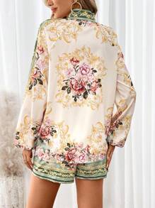 SHEIN Clasi Elegant And Romantic Floral Print Shirt With Front Button Closure And Matching Shorts Set For Women - Multicolor - View 8