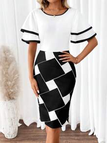 SHEIN Clasi Women's Elegant Knitted Dress With Black And White Contrast Color And Ruffle Hem Wedding Women Dresses - Black and White - View 4