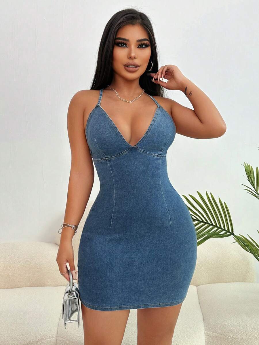 SHEIN SXY Women's Summer Sexy Backless Cross Bodycon Denim Dress With Spaghetti Straps - Blue - View 1