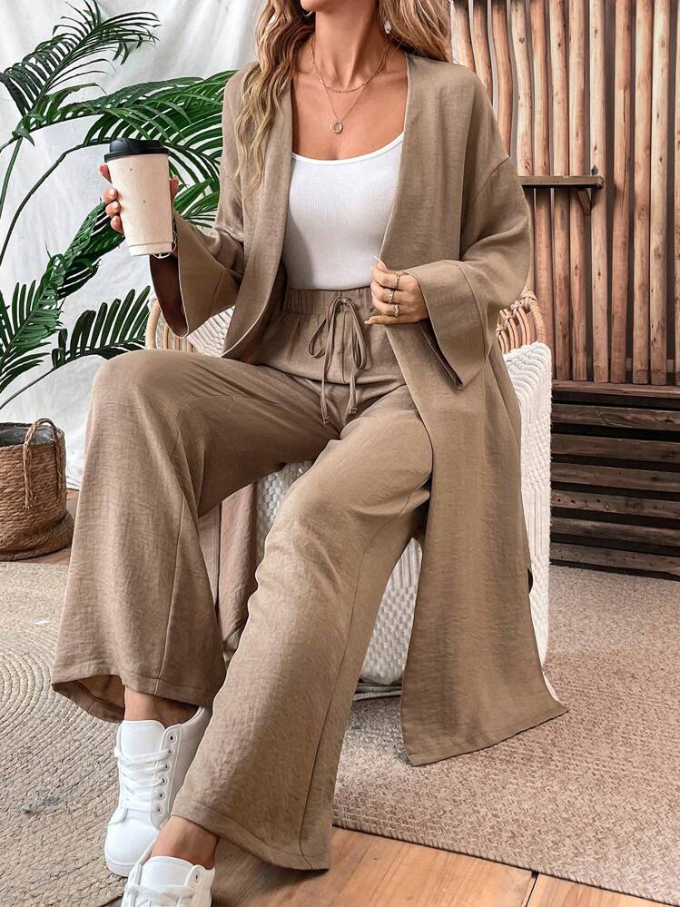 SHEIN Women Linen Loose Casual 2 Pieces Set: Long Jacket And Wide