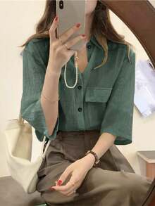 Women's Solid Color Simple Casual Short Sleeve Blouse Summer - Olive Green - View 3