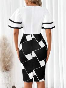 SHEIN Clasi Women's Elegant Knitted Dress With Black And White Contrast Color And Ruffle Hem Wedding Women Dresses - Black and White - View 7