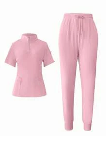 SHEIN Unity Women's Solid Color Short Sleeve Top And Pants Set With Zipper - Pink - View 1