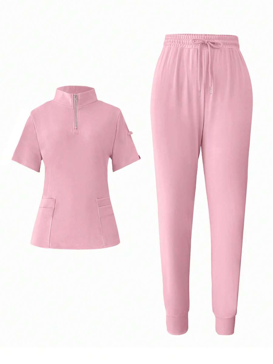 SHEIN Unity Women's Solid Color Short Sleeve Top And Pants Set With Zipper - Pink - View 1