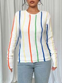 SHEIN LUNE Women's Colorful Striped Round Neck Long Sleeve Sweater, Knit Pullover Fall Winter - Multicolor - View 3