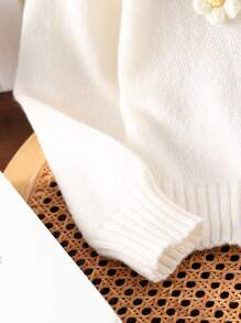 Tween Girl Fashionable Casual Sweater, Knitted, Hand-Embroided With Letter, Flower, Soft, Warm, Elegant, Suitable For Daily Wear, Traveling, Parties, Fall/Winter Season - White - View 5