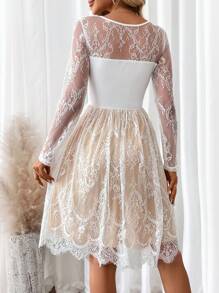 SHEIN Clasi 女士蕾丝网纱透视及膝连衣裙 白色女士连衣裙