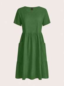 Balvessa Solid Color Short Sleeve Round Neckline Dress With Pleats And Double Side Pockets - Green - View 4