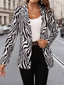 SHEIN Clasi Blazers largos con estampado de cebra elegante y moderno para mujer con mangas largas - Blanco y Negro - Ver 4