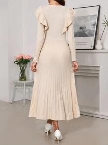 SHEIN Clasi 女式圓領長袖A字裙，下擺褶邊設計 - 卡其色 - 查看 7