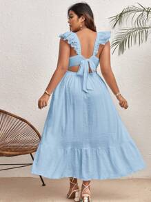 SHEIN VCAY Plus Tie Backless Ruffle Trim Dress - Baby Blue - View 4