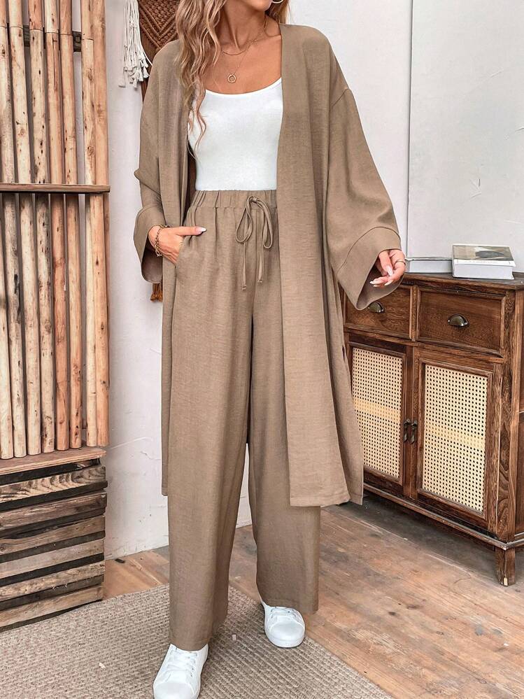 SHEIN Women Linen Loose Casual 2 Pieces Set: Long Jacket And Wide