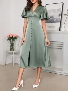 SHEIN Clasi Women's Flutter Sleeve Satin Party Halloween Clothes Prom Dress Fall Women Clothes Wedding Women Dresses Back To School Concert Women Outfit With Cinched Waist - Green - View 6