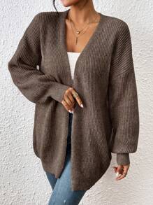 EMERY ROSE Solid Color Long Sleeve Cardigan, Casual Wear - Chocolate Brown - View 3