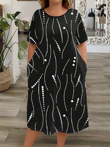 EMERY ROSE Đầm cổ tròn in họa tiết cỡ lớn đơn giản và giản dị, thích hợp cho mùa hè - màu đen - Xem 5