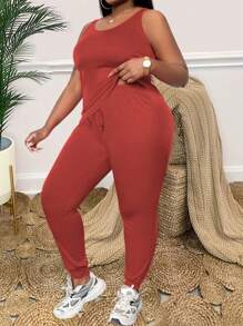 Maweii Plus Size 2pcs Round Neck Simple And Fashionable Top With Drawstring Bodycon Pants - Burgundy - View 6