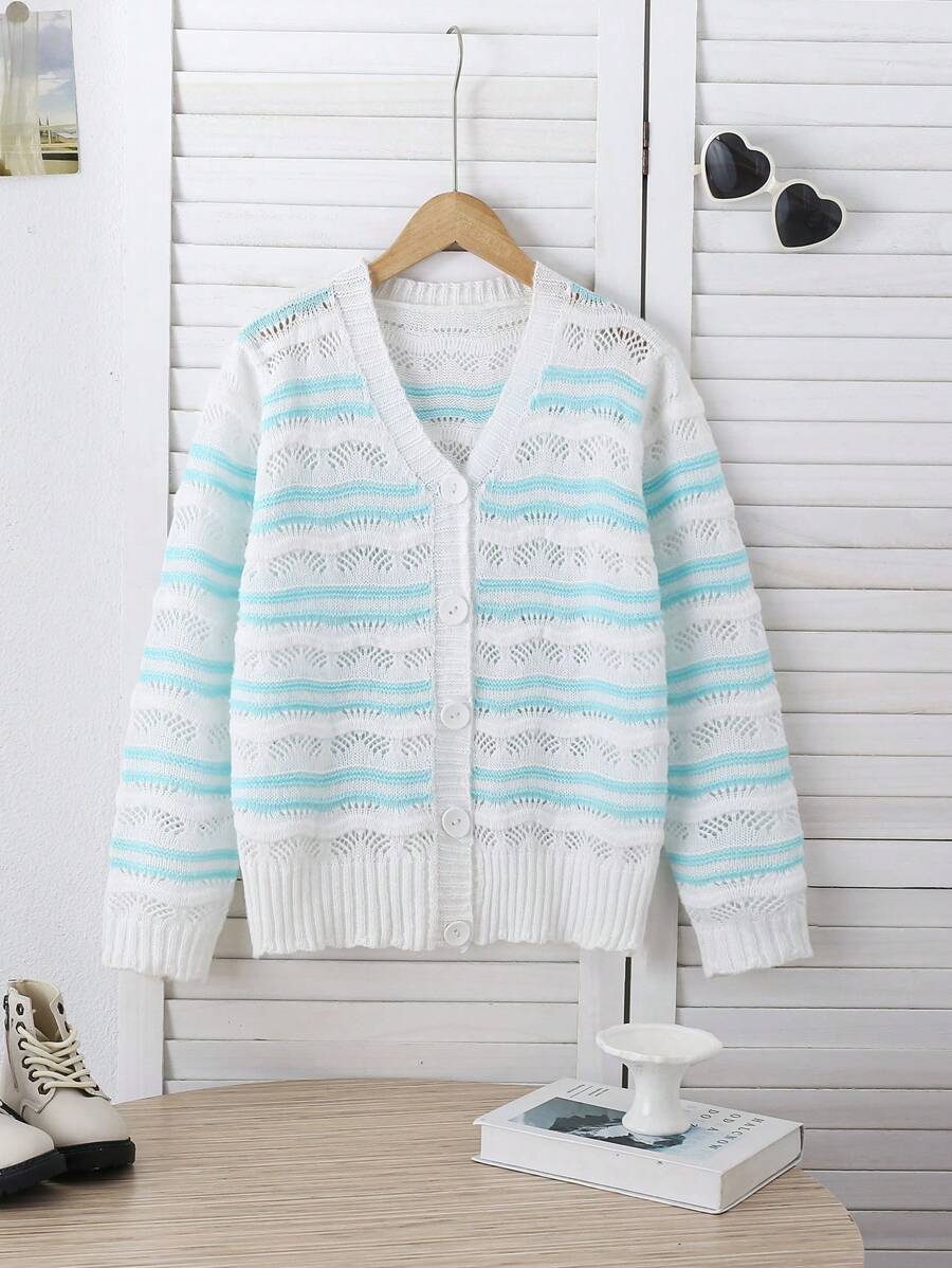 Teenagers' Hollow Out Long Sleeve Cardigan Sweater With Front Button And Colorful Wave Pattern - Blue and White - View 1