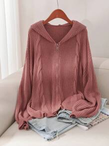 SHEIN Essnce Plus Size Loose Open Cardigan With Twist Flower Design, Drop Shoulder And Hooded, Long Sleeves, For Winter - Redwood - View 1