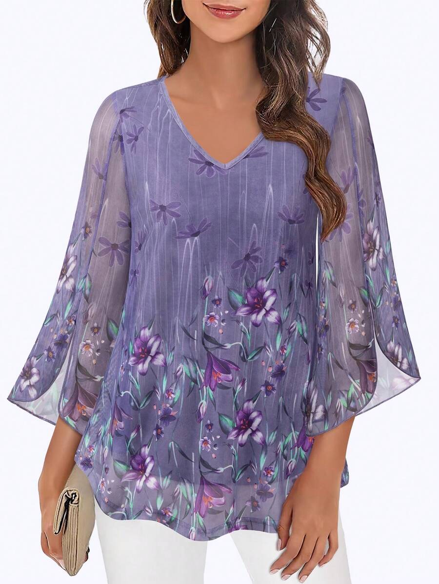 CheersLife Women Ruffle 3/4 Sleeve V Neck Double Layers Mesh Blouses Loose Fit Flowy Tunic Tops - Dusty Purple - View 1