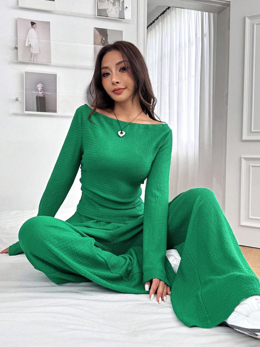 SHEIN EZwear 女款針織修身長袖T恤和長褲套裝，綠色 - 綠色 - 查看 1