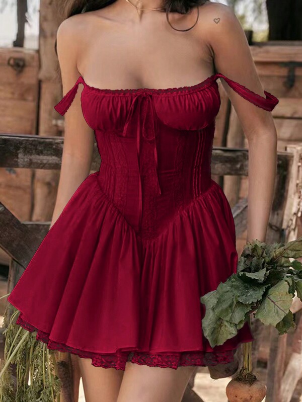 Women's Solid Color Sleeveless Ruffle Ruched Lace Trim Mini Dress,Y2k Spring Break Summer Outfits,Christmas,New Years Eve Outfit,Suitable For Going Out,Parties And Vacations