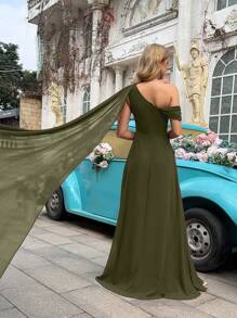 QOQ 优雅女士夏季纯色正式礼服晚礼服伴娘礼服适合伴娘、婚礼宾客参加婚礼、正式活动、派对雪纺飘逸高开衩长裙春季 - 橄欖綠 - 查看 2