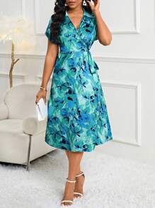 SHEIN Lady Blue And Green Printed Wrap Style Lady Dress For Work Or Party Women Vintage Clothes Teacher Dress - Multicolor - View 3