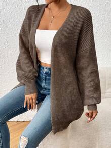 EMERY ROSE Solid Color Long Sleeve Cardigan, Casual Wear - Chocolate Brown - View 6
