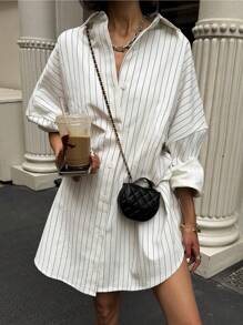 Elyressa Striped Drop Shoulder Loose Shirt Dress With Pockets, Summer Fall Cloth For Women