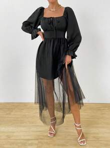 Chiquease Square Neck Long Sleeve Mesh & Pleated Chiffon Patchwork Dress With Front Tie Fall Cloth For Women - Black - View 4