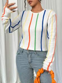 SHEIN LUNE Women's Colorful Striped Round Neck Long Sleeve Sweater, Knit Pullover Fall Winter - Multicolor - View 7