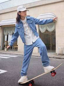 Tween-Jungen Einfarbige, langärmlige Jeansjacke und Jeans mit Knopfleiste vorne, lässiges Jeans-Outfit mit Taschen