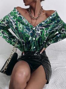 SHEIN Clasi 满版印花纽扣衬衫，长袖上衣 - 綠色 - 查看 3