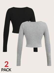 SHEIN SXY Conjunto de 2 piezas de camisetas sexys de corte ajustado con cuello ancho y mangas largas