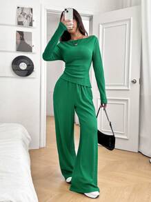 SHEIN EZwear 女款針織修身長袖T恤和長褲套裝，綠色 - 綠色 - 查看 5