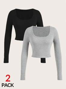 SHEIN SXY Conjunto de 2 piezas de camisetas sexys de corte ajustado con cuello ancho y mangas largas