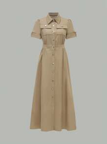SHEIN Clasi 女士秋季 A 字形金属配件长衬衫裙，工作服长款女装 - 卡其色 - 查看 3