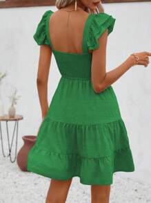 SHEIN LUNE Solid Color Square Neckline Pleated Lace Trimmed Dress, Casual Vacation - Green - View 2