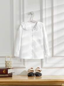 SHEIN Cô Gái Trẻ Vá lại Trang trí ren Cổ tròn Áo sơ mi - trắng - Xem 1