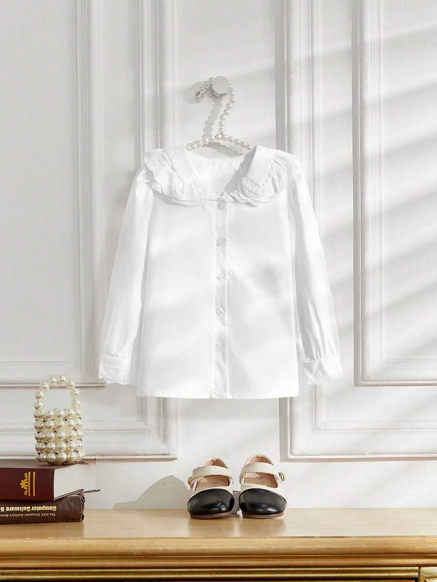SHEIN Cô Gái Trẻ Vá lại Trang trí ren Cổ tròn Áo sơ mi - trắng - Xem 1