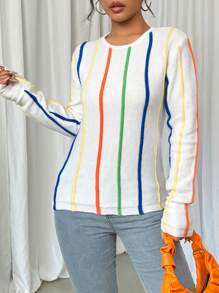 SHEIN LUNE Women's Colorful Striped Round Neck Long Sleeve Sweater, Knit Pullover Fall Winter - Multicolor - View 5