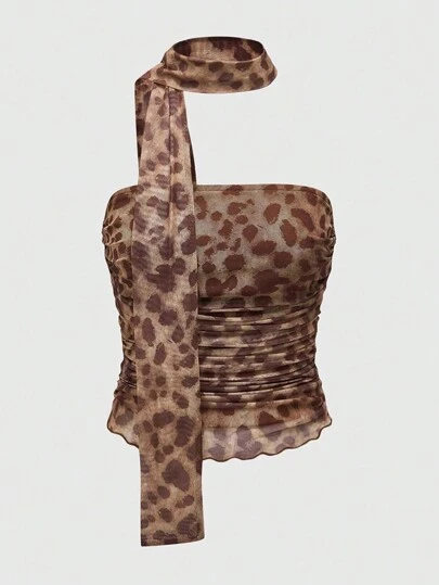 ROMWE J-Fashion Parte superior con pliegues con estampado de leopardo estilo Y2K para mujer de verano