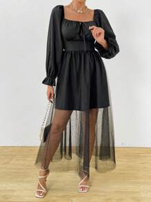 Chiquease Square Neck Long Sleeve Mesh & Pleated Chiffon Patchwork Dress With Front Tie Fall Cloth For Women - Black - View 3