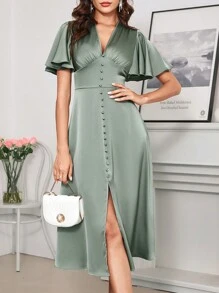SHEIN Clasi Women's Flutter Sleeve Satin Party Halloween Clothes Prom Dress Fall Women Clothes Wedding Women Dresses Back To School Concert Women Outfit With Cinched Waist - Green - View 3