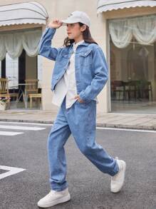 Tween-Jungen Einfarbige, langärmlige Jeansjacke und Jeans mit Knopfleiste vorne, lässiges Jeans-Outfit mit Taschen